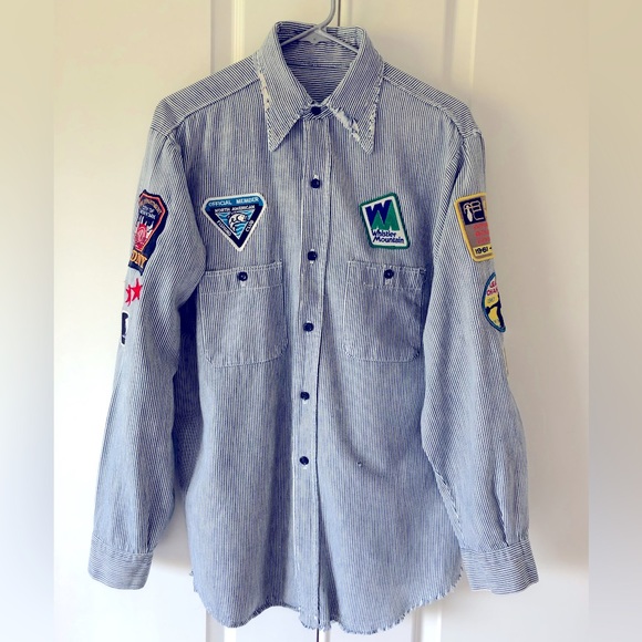 Distressed VTG embroidered patchs railroad ticking shirt XL Natural inst… - Picture 11 of 16